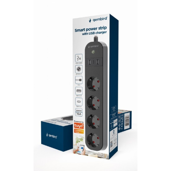 Inteligentna listwa Tuya 4xDE 2xUSB-A 1xUSB-C Czarna 
