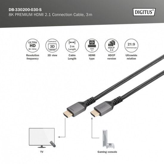 Kabel Premium połączeniowy HDMI 2.1 Ultra HighSpeed 8K60Hz UHD Typ HDMI A/A M/M 3m Czarny 