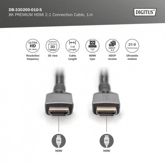 Kabel Premium połączeniowy HDMI 2.1 Ultra HighSpeed 8K60Hz UHD Typ HDMI A/A M/M 1m Czarny 