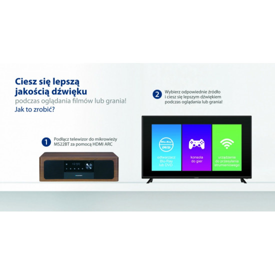 Mikrowieża all-in-one Bluetooth, HDMI ARC, Wejście optyczne CD/MP3/USB/AUX Zegar/ Alarm
