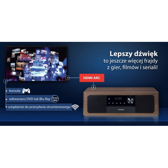 Mikrowieża all-in-one Bluetooth, HDMI ARC, Wejście optyczne CD/MP3/USB/AUX Zegar/ Alarm