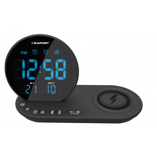 Radiobudzik FM PLL/Alarm/USB/CR85BK CHARGE/Ładowanie bezprzewodowe/Temperatura wewnętrzna/zewnętrzna/czarny