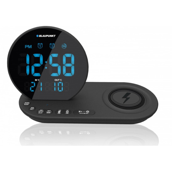 Radiobudzik FM PLL/Alarm/USB/CR85BK CHARGE/Ładowanie bezprzewodowe/Temperatura wewnętrzna/zewnętrzna/czarny