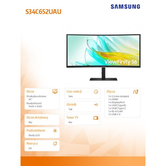 Monitor 34 cale LS34C652UAUXEN VA 3440x1440 UWQHD 21:9 1xHDMI 1xDP 1xUSB-C(90W) 3xUSB 3.0 LAN (RJ45) 5ms 100Hz HAS+PIVOT zakrzywiony głośniki 3Y OS