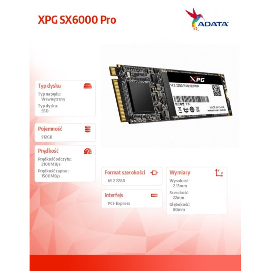 Dysk SSD XPG SX6000Pro 512G PCIe 3x4 2.1/1.4 GB/s M2