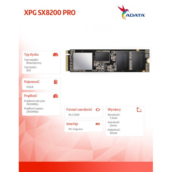 Dysk XPG SX8200 PRO 512GB PCIe 3.3/2.4 GB/s M.2