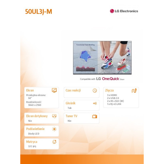 Ekran 50UL3J-M IPS UHD 400cd/m2 16/7 webOS 