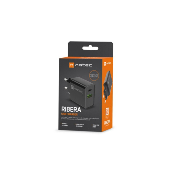 Ładowarka sieciowa Ribera 1x USB-A + 1x USB-C 20W Czarna 
