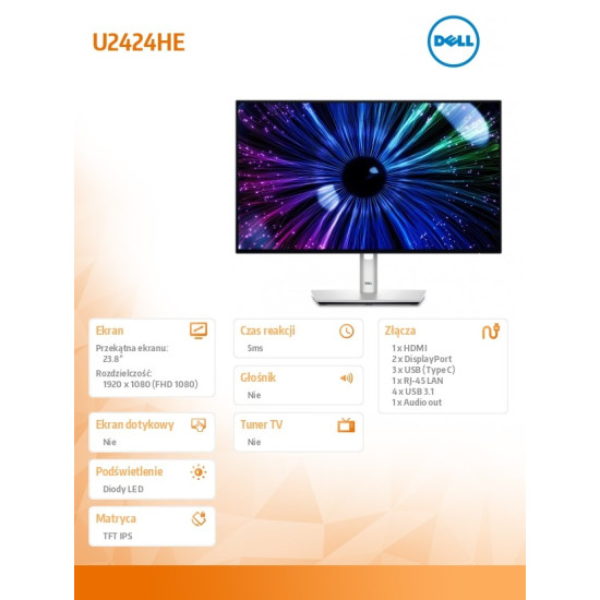 Monitor U2424HE 23.8 cala IPS LED FHD(1920x1080)/16:9/HDMI/DP/USB-C/USB/RJ-45/3Y 