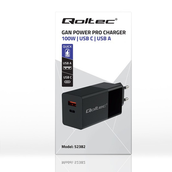 Ładowarka GaN Power Pro | 1xUSB-C | 1xUSB | 100W | 5-20V | 1.5-5A| PD | Czarna 