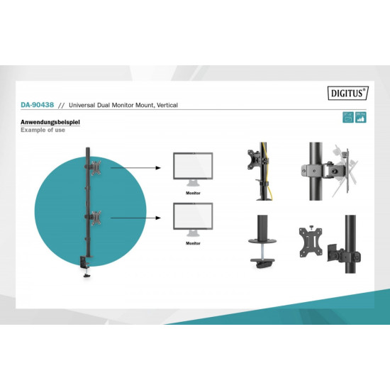 Uchwyt biurkowy pionowy 2xLCD max. 32 cale 8kg, zaciskowy, czarny