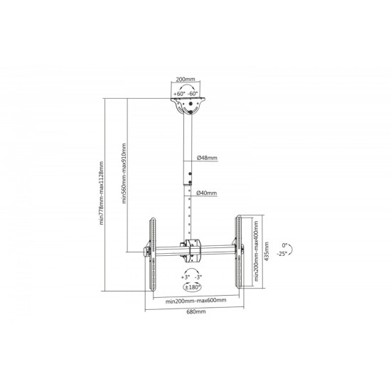 Uchwyt sufitowy TV 37-70 cali 50kg, z regulacją teleskopową 560-910mm Czarny