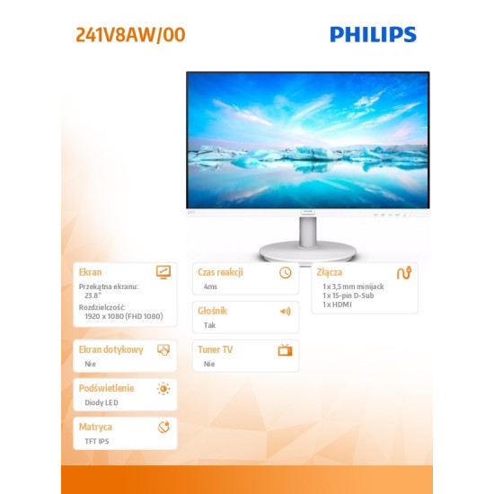 Monitor 241V8AW 23.8 cala IPS HDMI Głośniki Biały 