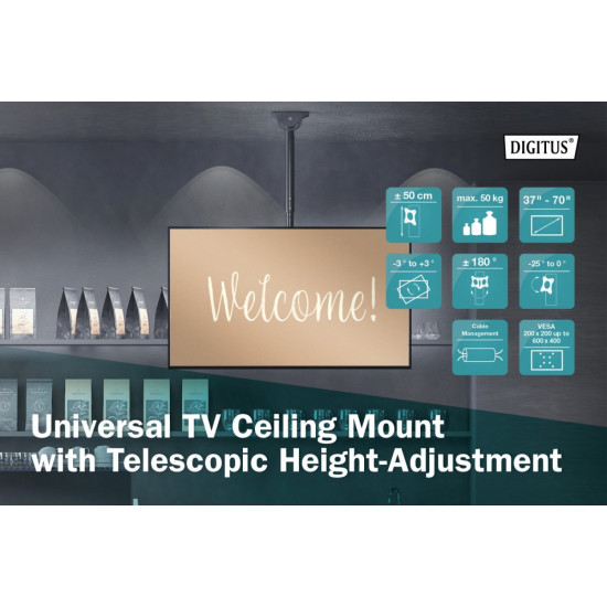 Uchwyt sufitowy TV 37-70 cali 50kg, z regulacją teleskopową 560-910mm Czarny