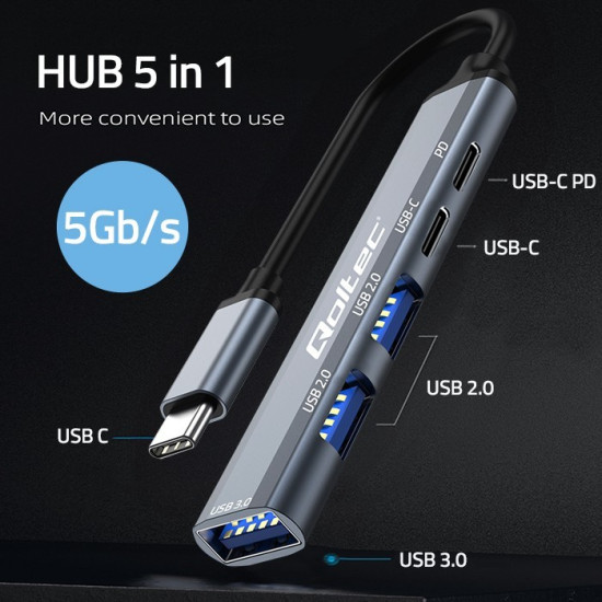 HUB adapter USB-C 3.1 5w1 | USB-C PD | USB-C | 2x USB 2.0 | USB  3.0 