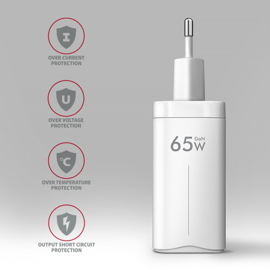 ACU-DPQ65W Ładowarka sieciowa GaN 65W, 3x port (USB-A + dual USB-C) PD3.0/QC4+/PPS/Apple, biała
