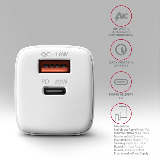 Ładowarka sieciowa ACU-PQ20W  20W QC3.0/AFC/FCP + PD type-C Biała