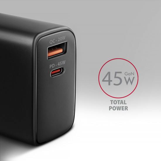 Ładowarka sieciowa ACU-PQ45 2-port  QC3.0,4.0/AFC/FCP/PPS/Apple  + PD type-C, 45W, Czarna