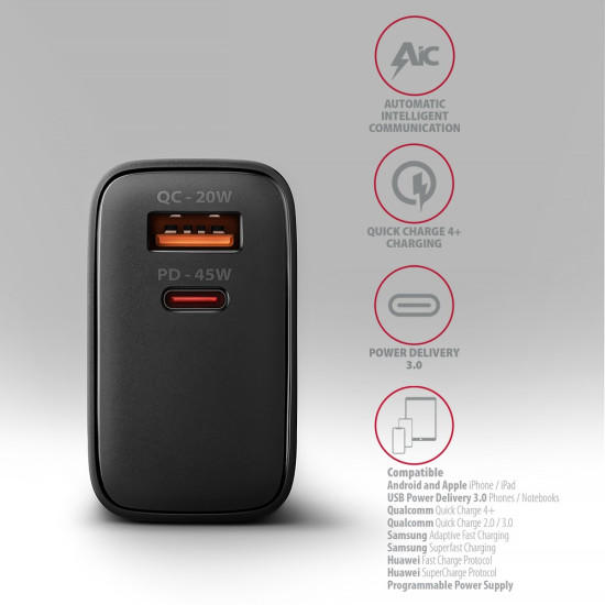Ładowarka sieciowa ACU-PQ45 2-port  QC3.0,4.0/AFC/FCP/PPS/Apple  + PD type-C, 45W, Czarna