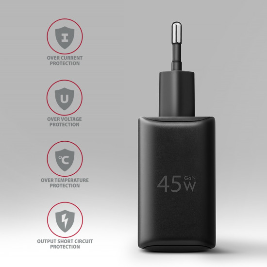 Ładowarka sieciowa ACU-PQ45 2-port  QC3.0,4.0/AFC/FCP/PPS/Apple  + PD type-C, 45W, Czarna