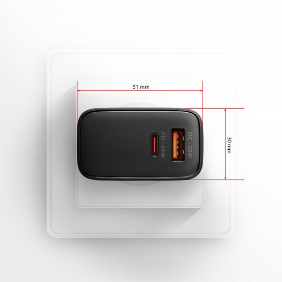 Ładowarka sieciowa ACU-PQ45 2-port  QC3.0,4.0/AFC/FCP/PPS/Apple  + PD type-C, 45W, Czarna