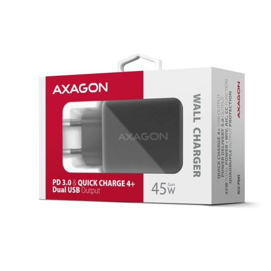 Ładowarka sieciowa ACU-PQ45 2-port  QC3.0,4.0/AFC/FCP/PPS/Apple  + PD type-C, 45W, Czarna