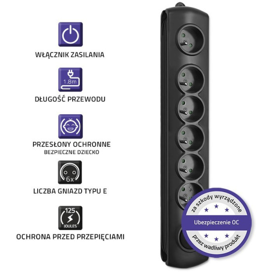 Listwa antyprzepięciowa, 6 gniazd; 1,8m 