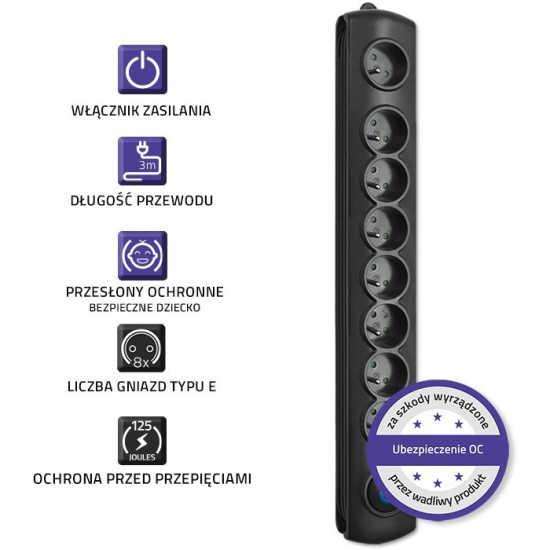 Listwa antyprzepięciowa | 8 gniazd | 3,0m 