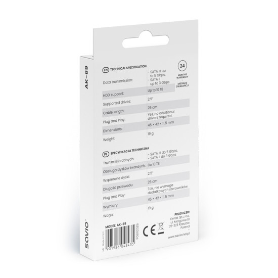 Adapter USB-C 3.1 Gen 1 (M) - SATA (F) do dysków 2.5 cala, AK-69 