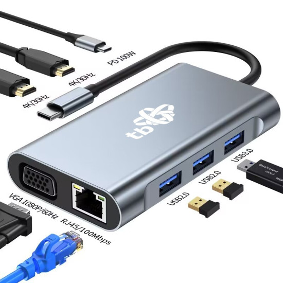 Adapter USB C 8w1 HDMIx2 USB VGA RJ45 PD 