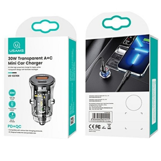 Ładowarka samochodowa 30W 1xUSB + 1xUSB-C Fast Charge 