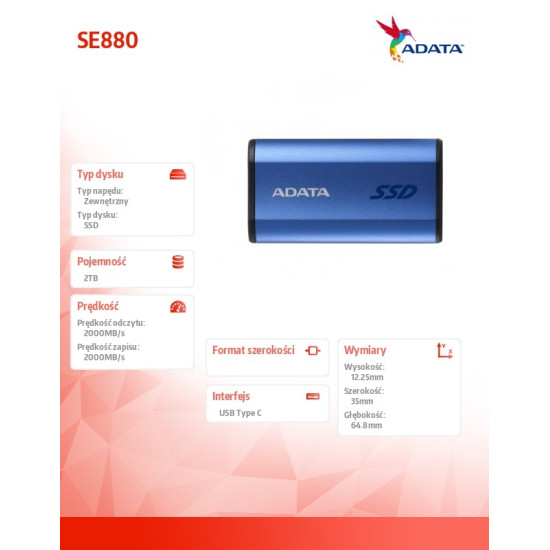 Dysk zewnętrzny SSD SE880 2TB USB3.2A/C Gen2x2 Niebieski