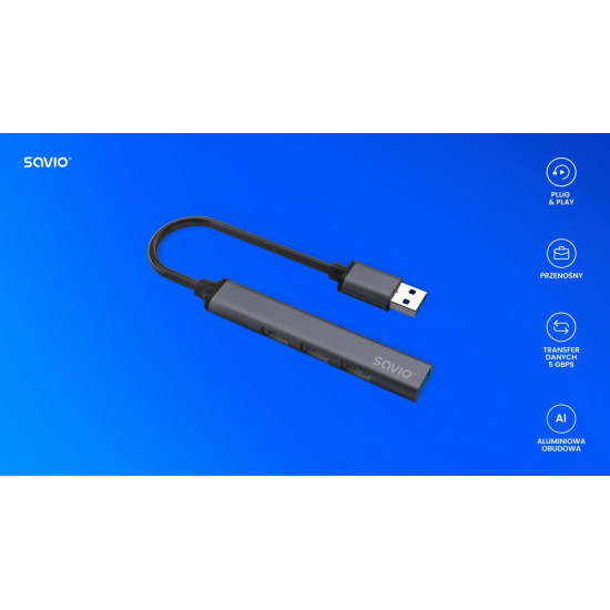 Hub 4 porty USB-A - 3 x USB-A 2.0, 1 x USB-A 3.0, 5 Gbps, Aluminium, AK-70 