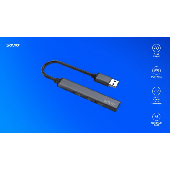 Hub 4 porty USB-A - 3 x USB-A 2.0, 1 x USB-A 3.0, 5 Gbps, Aluminium, AK-70 