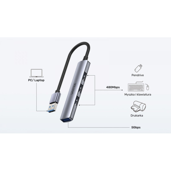 Hub USB-A; 3x USB-A 2.0; 1x USB-A 5 Gbps Aluminiowy 