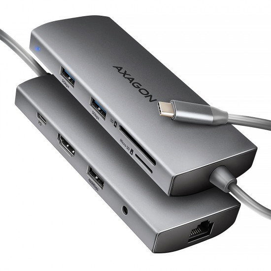 Hub HMC-8HLSA USB-C 3.2 Gen 1 hub, 3x USB-A + 4K/30Hz HDMI + SD/mic roSD, GLAN, Audio, PD 100W, 20cm USB-C kabel