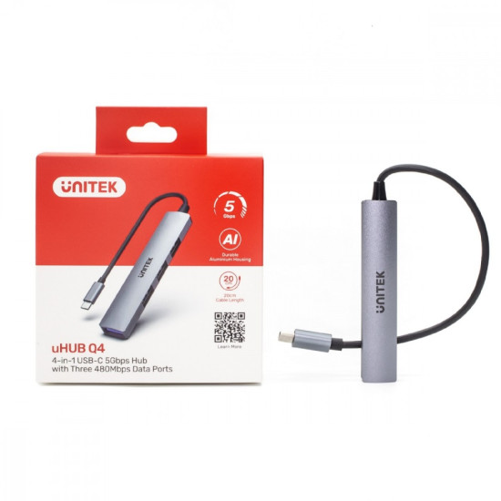 HUB USB-C; 3x USB-A 2.0 1x USB-A 5 Gbps Aluminiowy 