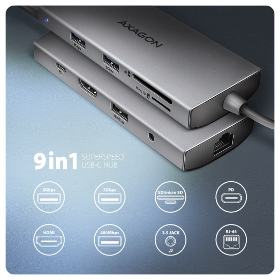 Hub HMC-8HLSA USB-C 3.2 Gen 1 hub, 3x USB-A + 4K/30Hz HDMI + SD/mic roSD, GLAN, Audio, PD 100W, 20cm USB-C kabel