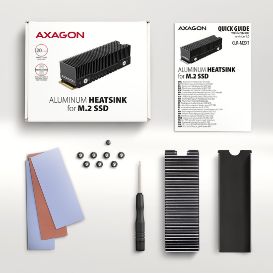 Chłodnica  do dysku CLR-M2XT aluminiowa pasywna M.2 SSD, ALU korpus, silikonowe podkładki termiczne, wysokość 20mm
