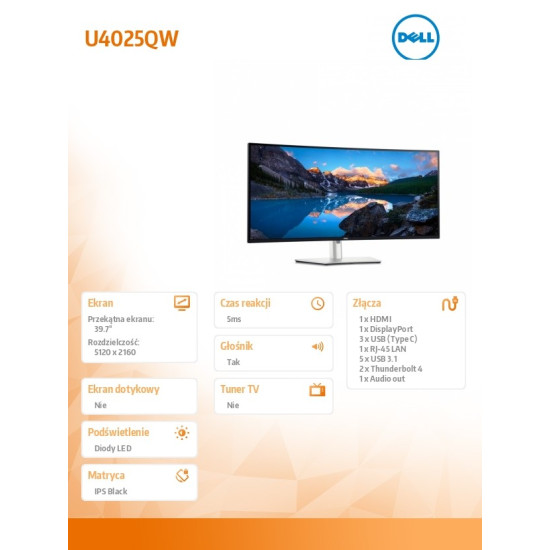 Monitor U4025QW 39,7 cala Curved/WUHD/5120x2160/21:9/HDMI/DP/Thunderbolt/USB/USB-C/Speakers/3Y PPG 