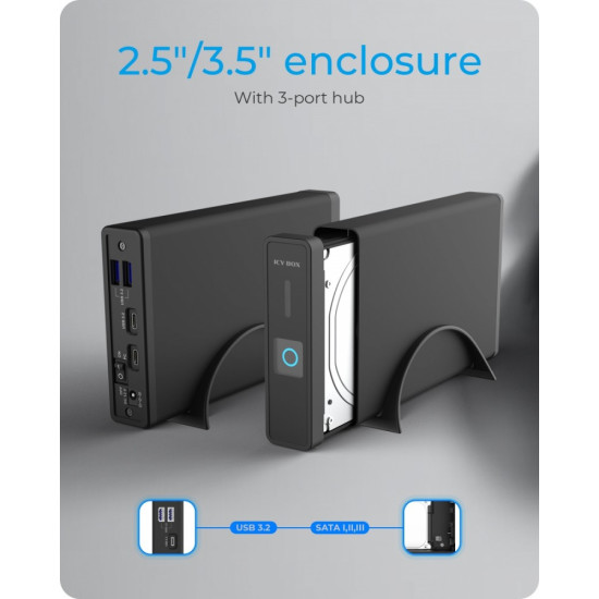 Obudowa IB-382H-C31 2,5/3,5 HDD z wbudowanym HUB 1xUSB-C, 2xUSB -A,  12V2A