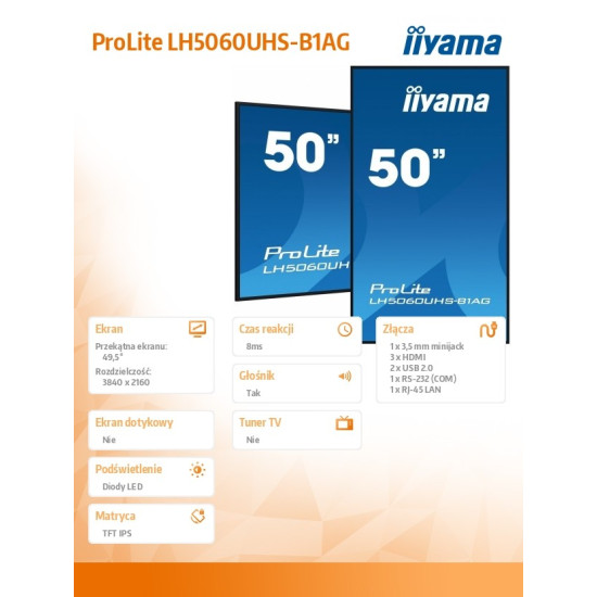 Monitor wielkoformatowy 49.5 cala LH5060UHS-B1AG matowy 24h/7 500(cd/m2) VA 3840 x 2160 UHD(4K) Android.11 Wifi CMS(iiSignage2)
