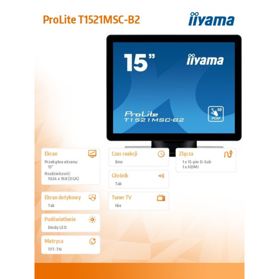 Monitor 15 cali T1521MSC-B2 POJEMN.10PKT.TN,7H,IP65(front),VGA,HDMI,2x2W,4:3,VESA