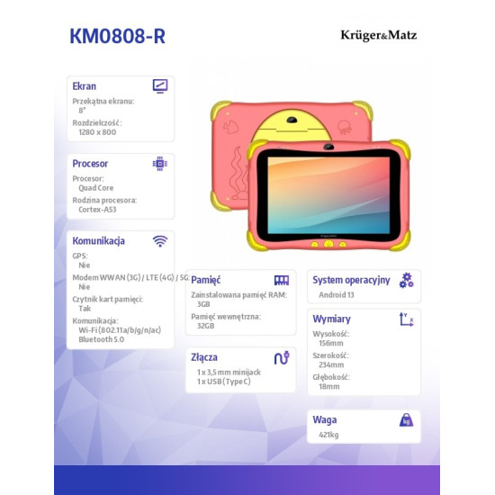 Tablet dla dzieci FUN 808 Czerwony