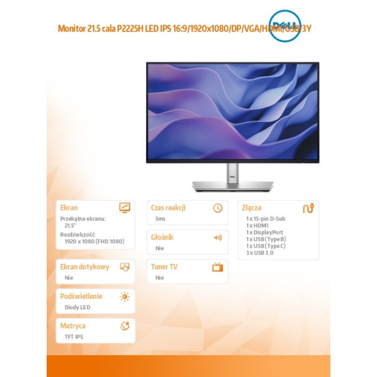 Monitor 21.5 cala P2225H LED IPS 16:9/1920x1080/DP/VGA/HDMI/USB/3Y 