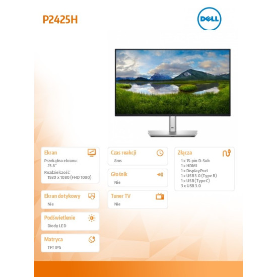 Monitor 24 cale P2425H LED IPS 1920x1080/16:9/DP/VGA/HDMI/USB/3Y 
