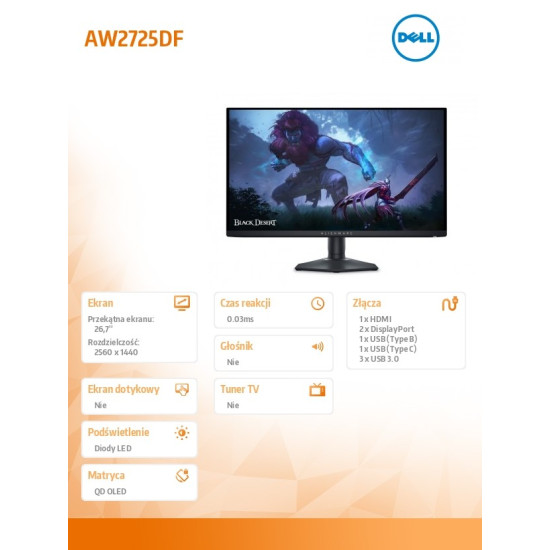 Monitor AW2725DF 27 cali AMD FreeSync/QD-OLED/360Hz/QHD(2560x1440)/16:9/DP/HDMI/USB-C/USB/3Y