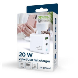 Ładowarka USB-A USB-C LED 20W PD QC3.0 biała 