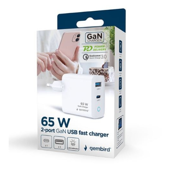Ładowarka USB-A/C GaN LED 65W PD QC3.0 biała 