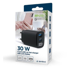 Ładowarka GaN 1xUSB-A 1xUSB-C LCD 30W PD QC3.0 czarna 